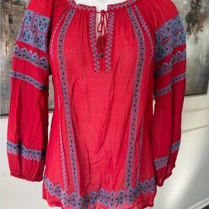 Joie woman’s Embroidered Red long sleeve Blouse Sz Medium Cotton